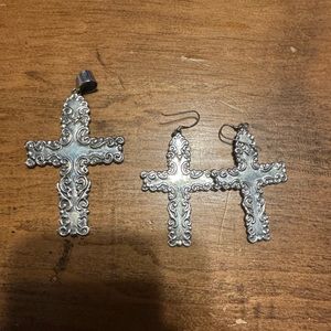 Sterling Silver Big Cross Earrings and Necklace Pendent
